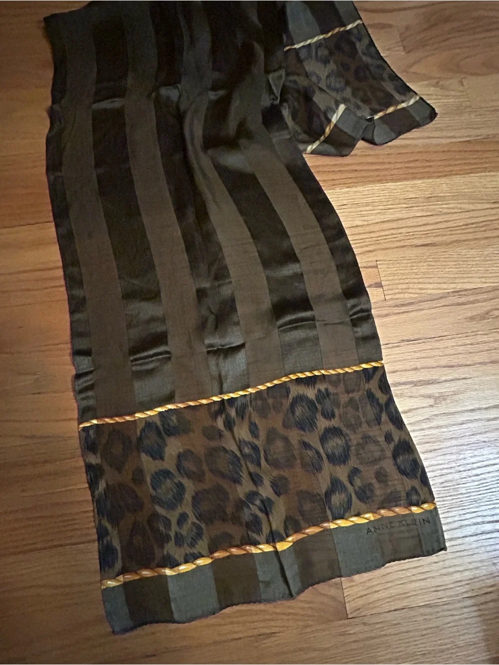 Anne Klein Brown and Black Leopard-Trim Silk Scarf